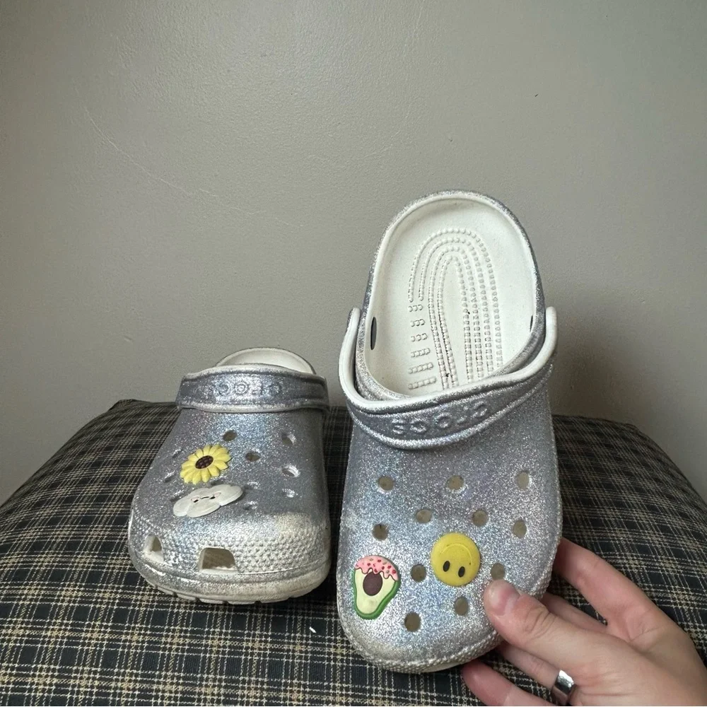 Kids Glitter Silver Crocs Clogs‎ with Charms Size 2T